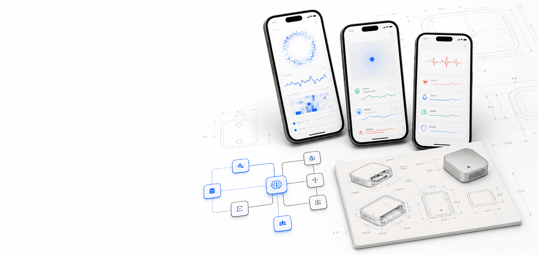 AI product engineering mockups with mobile apps, workflow nodes, and prototype sketches