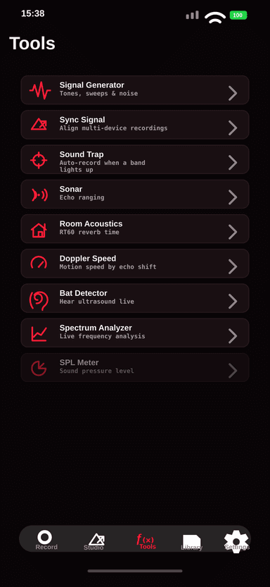 AudioDjin tools screen with signal generator, sync signal, sound trap, sonar, room acoustics, Doppler speed, bat detector, and spectrum analyzer