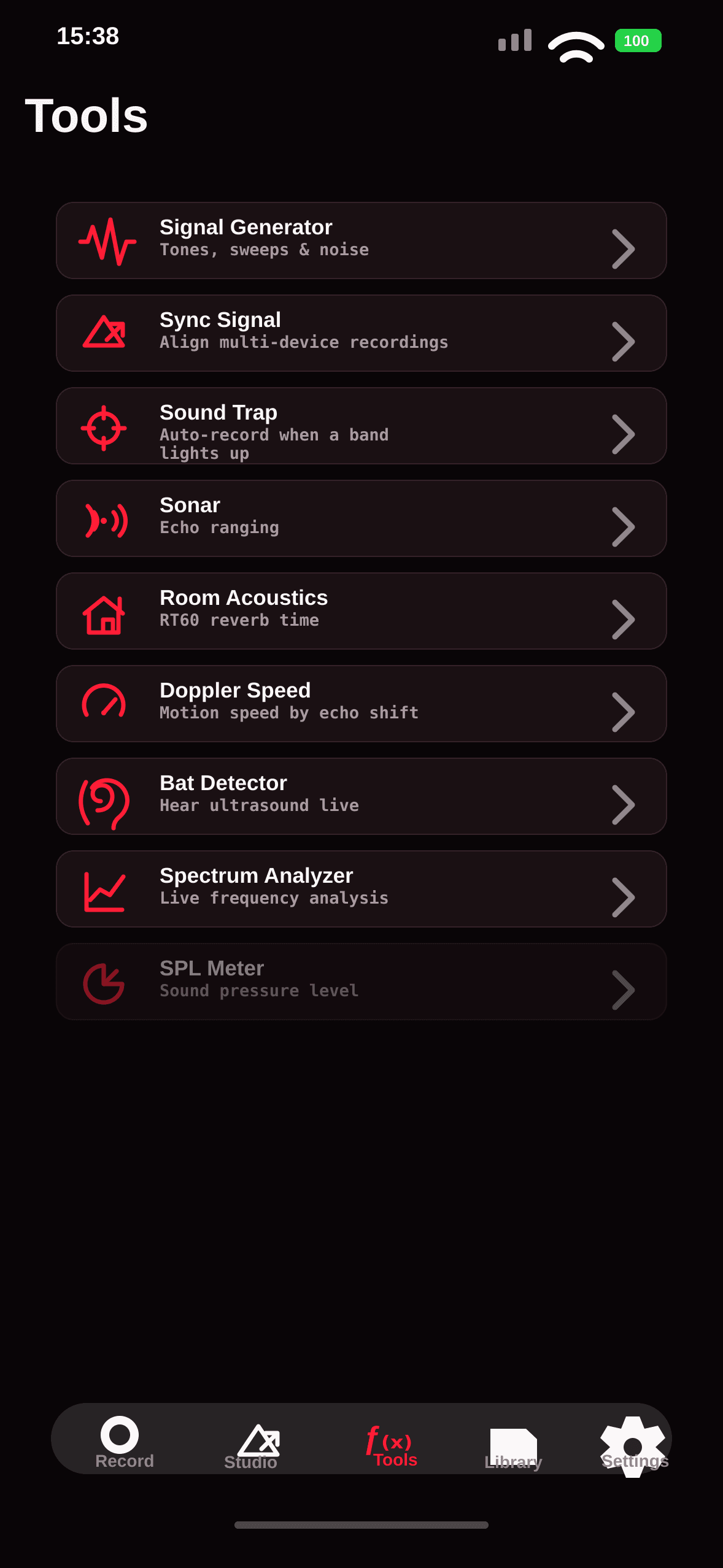 AudioDjin tools screen with signal generator, sync signal, sound trap, sonar, room acoustics, Doppler speed, bat detector, and spectrum analyzer