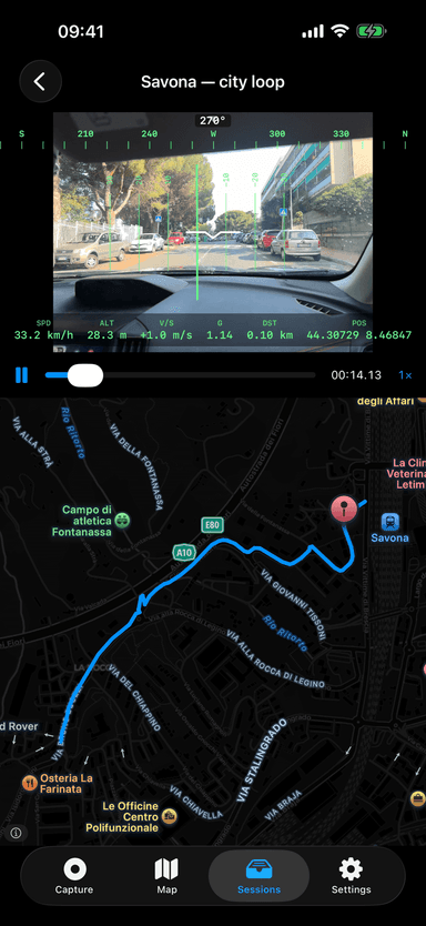 SensorsDjin replay screen with camera video, telemetry overlay, controls, and map trace